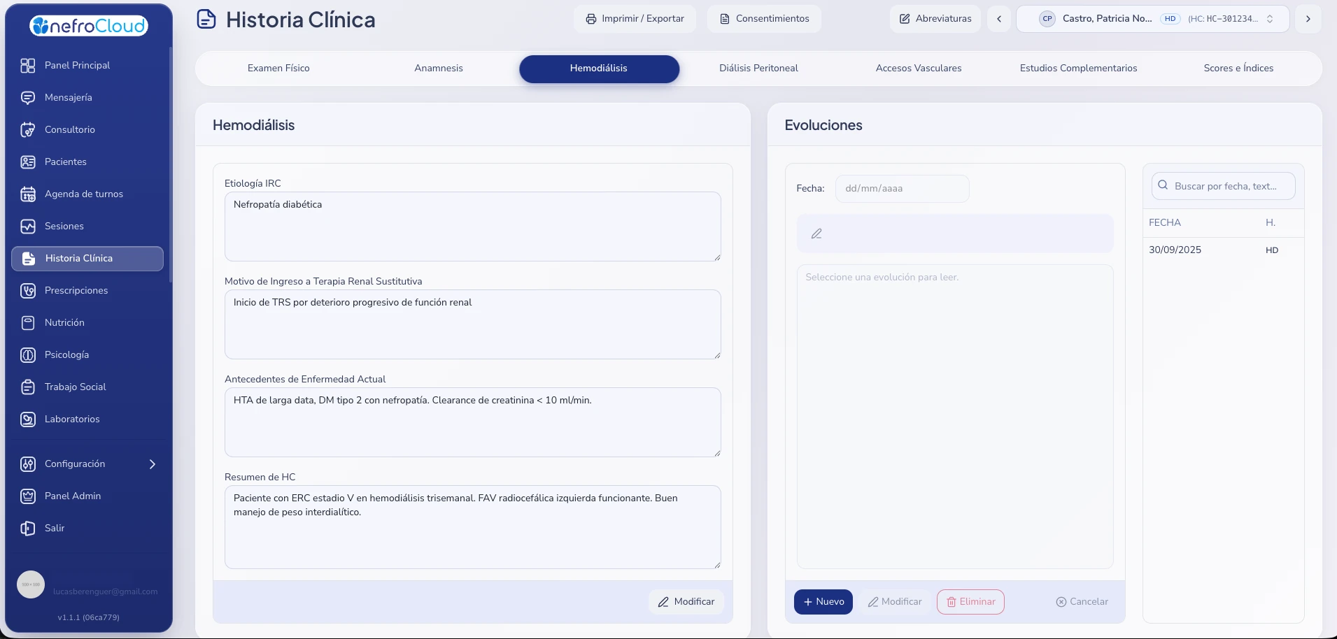 Captura de pantalla de la interfaz de Evoluciones Clínicas y Prescripción Dialítica Ágil en NefroCloud